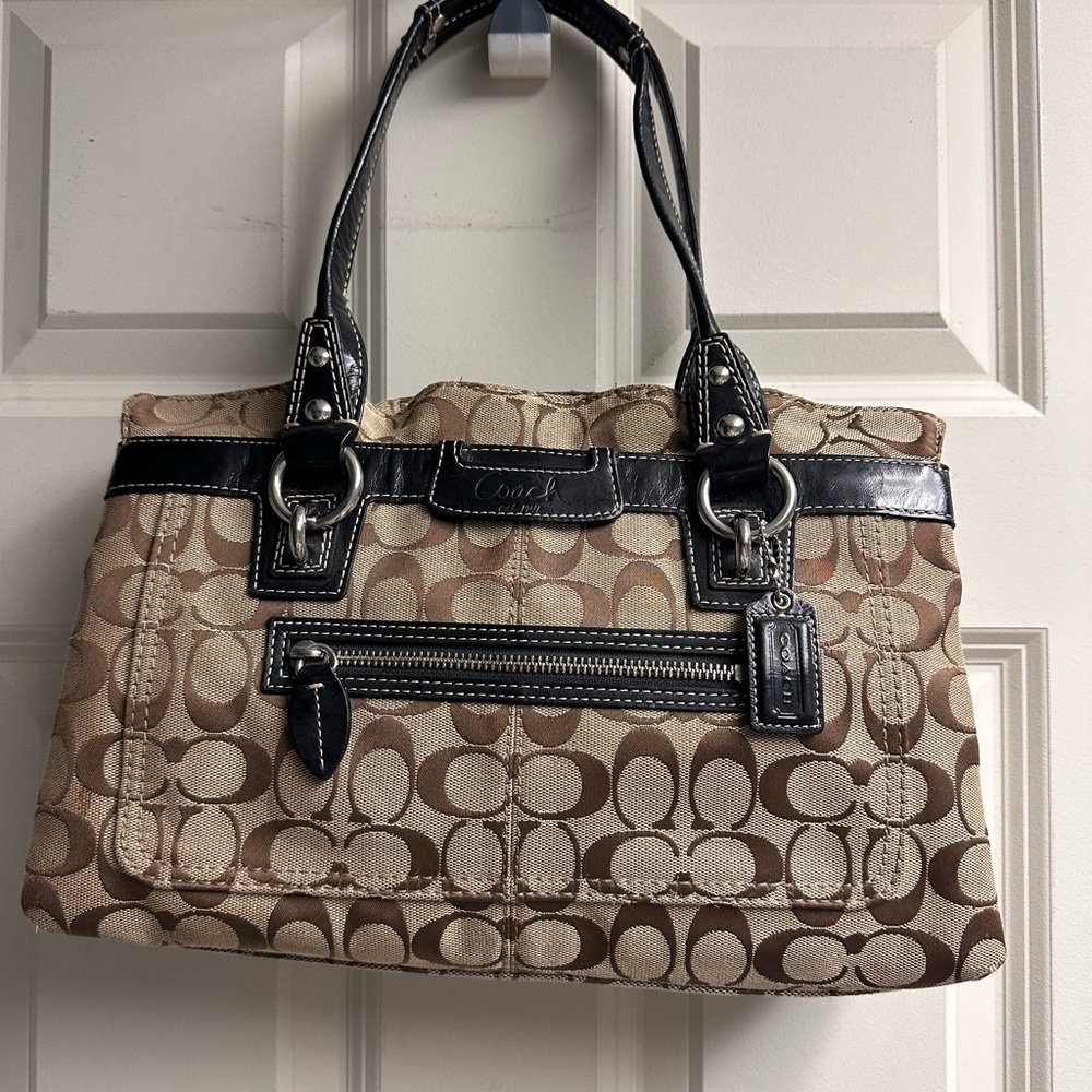 Coach Brown and Black Signature Shoulder Bag